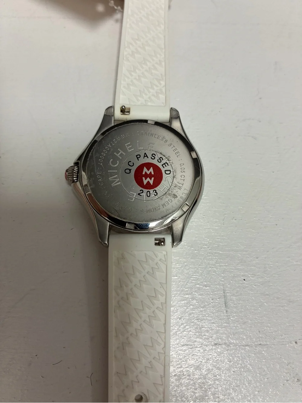 Michele White Silicone Strap Watch with Multicolor Topaz Markers